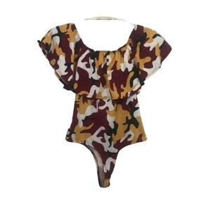 Camo‎ Bodysuit Off Shoulder Ruffle Top Casual Trendy One Piece